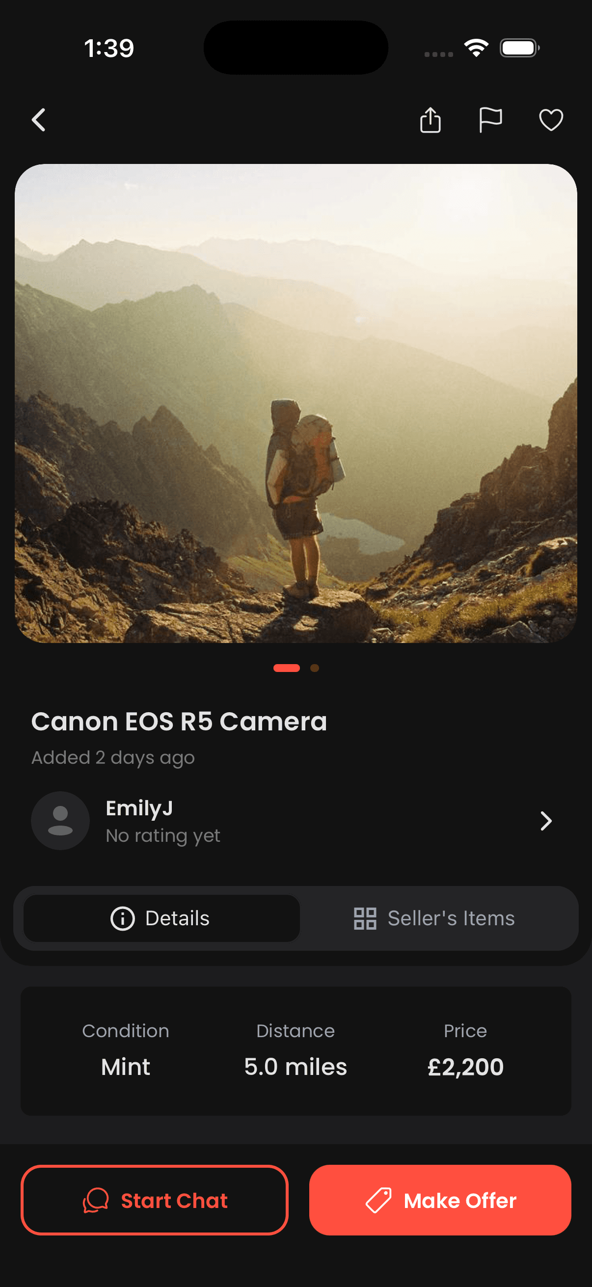 Offa app listing screen dark