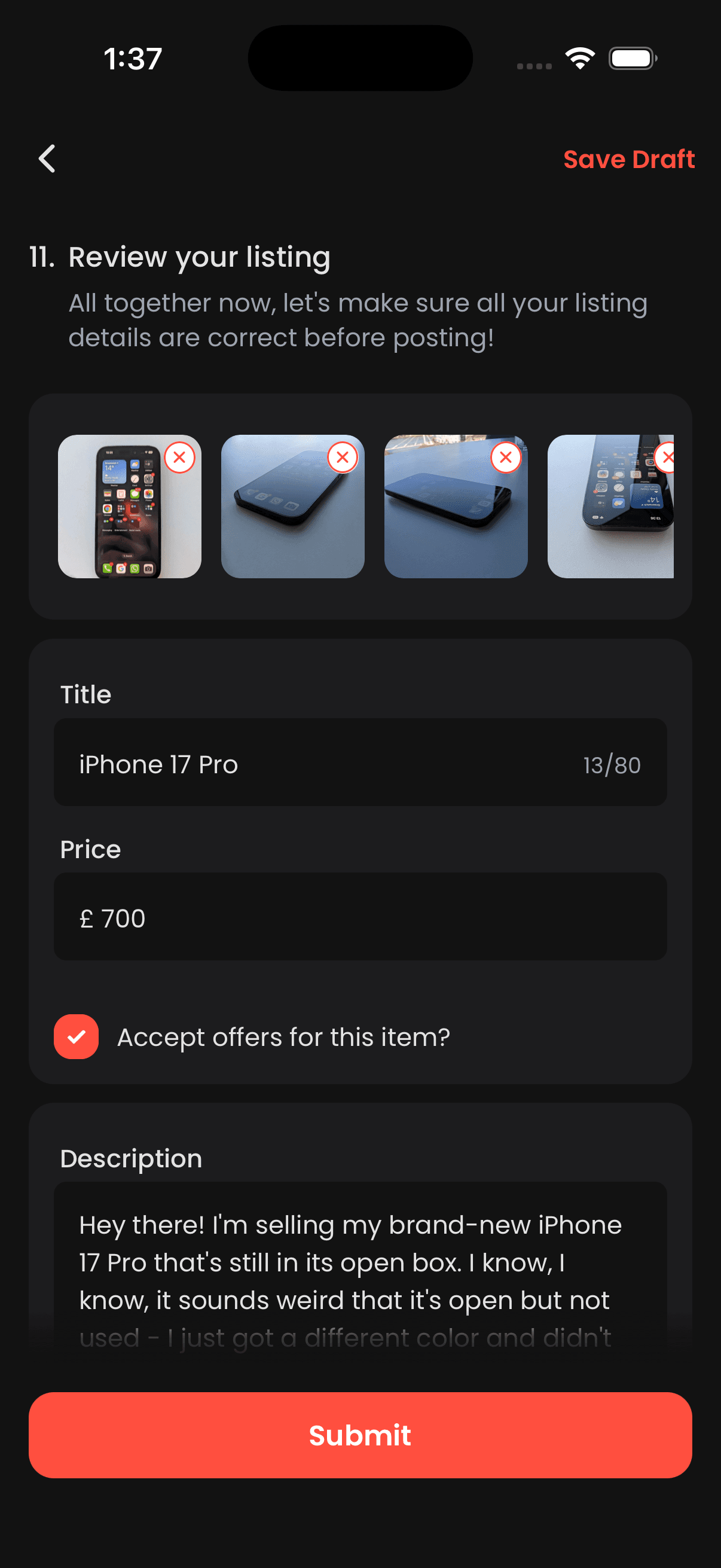Offa app review listing screen dark