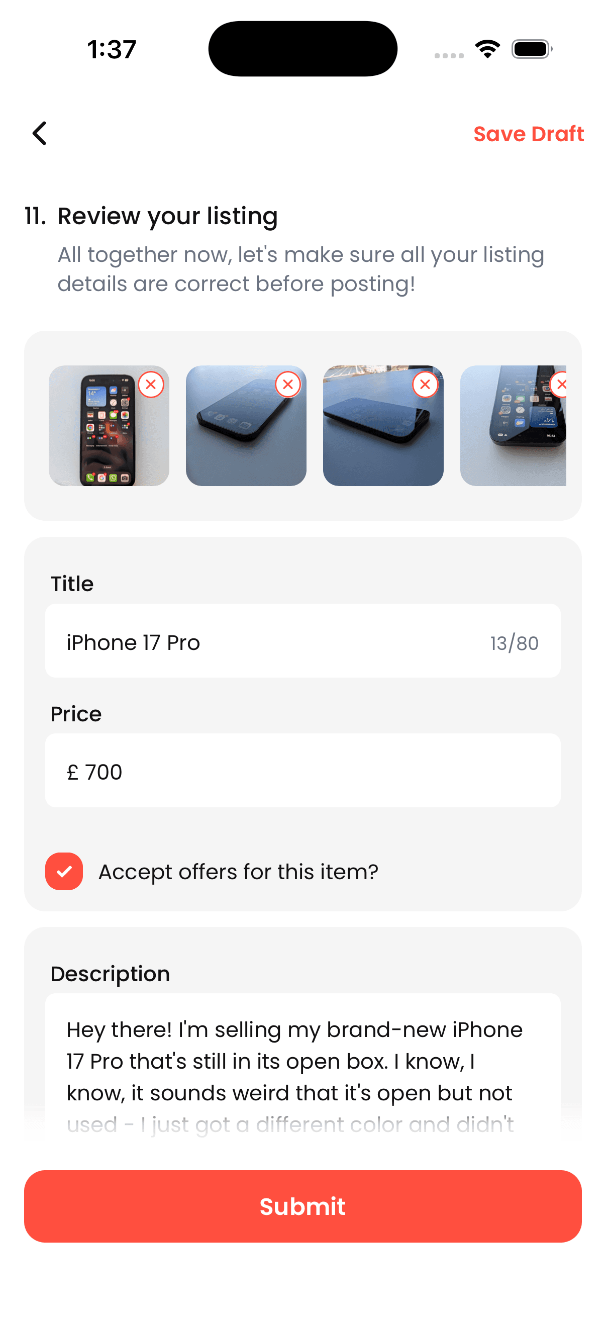 Offa app review listing screen light